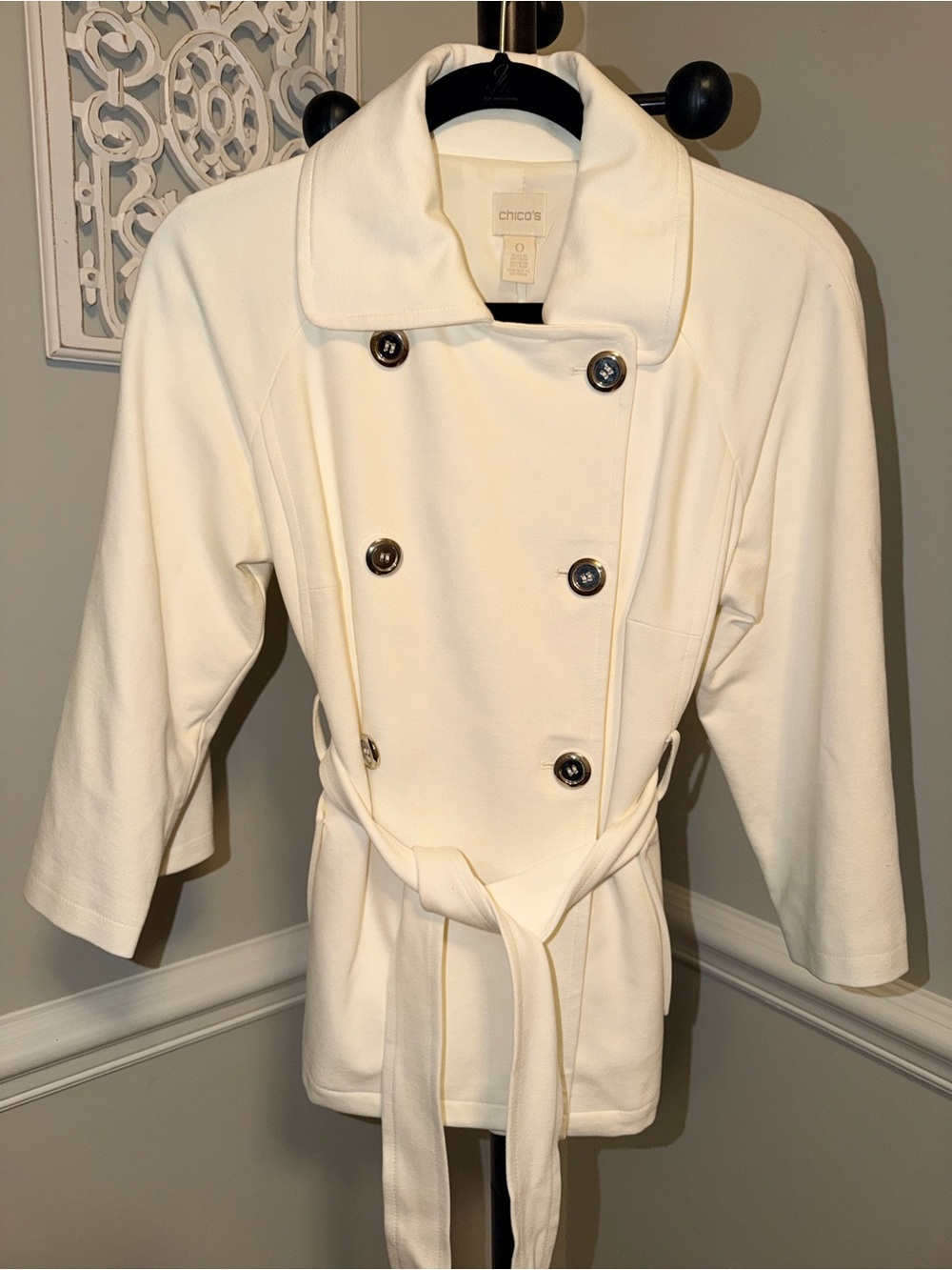 Chico's Ivory Double-Breasted Belted Trench Jacket
